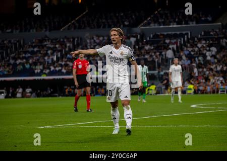 Madrid, Espagne. 01 Sep, 2024. Luca Modric cet après-midi au stade Santiago Bernabeu de Madrid. Avec deux buts du Français Kylian Mbappé, le Real Madrid a battu le Real Betis au quatrième tour de la Ligue ce soir au stade Santiago Bernabeu de Madrid. Crédit : SOPA images Limited/Alamy Live News Banque D'Images