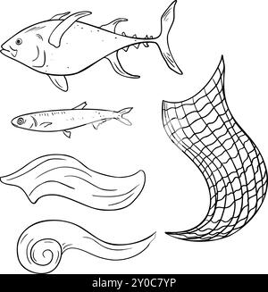 Thon et anchois illustration vectorielle noir et blanc isolé. Grands et petits poissons de mer dessinés à la main silhouette d'encre. Ensemble de vagues de mer et filet de pêche Illustration de Vecteur