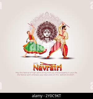 Garba affiche de nuit pour le festival Navratri Dussehra de l'Inde. Vecteur illustration design des peuples jouant la danse Dandiya. Illustration de Vecteur