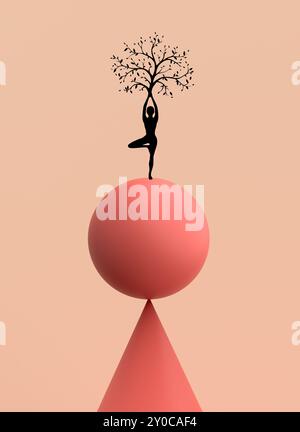Silhouette d'une femme pratiquant l'arbre de yoga pose sur une sphère équilibrée sur un cône, tenant un arbre, représentant l'équilibre et la connexion avec la nature. Banque D'Images