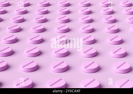 Industrie pharmaceutique et concept de production de médicaments. Multitude de pilules roses disposées en rangées parfaitement alignées. rendu 3d. Banque D'Images