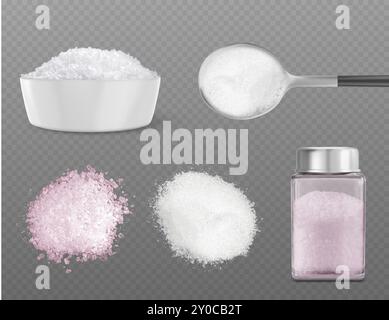 Ensemble de pile de sel rose et blanc isolé sur fond transparent. Illustration réaliste vectorielle de cristaux de chlorure de potassium dans une cuillère, un récipient en verre, un bol, un tas, un minéral naturel pour la cuisine et le spa Illustration de Vecteur