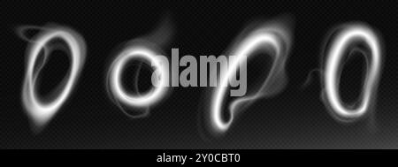 Anneaux de fumée fixés isolés sur fond transparent. Illustration réaliste vectorielle de nuages de vapeur de cigarette avec des tourbillons ronds flottant dans l'air, vapeur de vape ou de narguilé, bouffée de nicotine, effet de fouet d'air Illustration de Vecteur