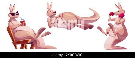 Personnage de dessin animé de kangourou drôle couché avec un sourire satisfait, se relaxant dans des lunettes de soleil avec une tasse de boisson assise dans une chaise longue, debout sur la queue dans des gants de boxe. Animal marsupial australien mignon. Illustration de Vecteur