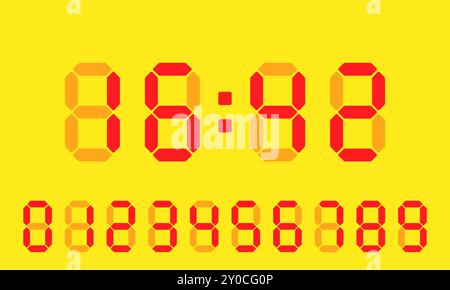 Cadran électronique. Horloge, chronométrage, gestion du temps, planning, réveil, planification, numéros rouges, fond jaune, calendrier, montre, minuterie, sked, a Illustration de Vecteur