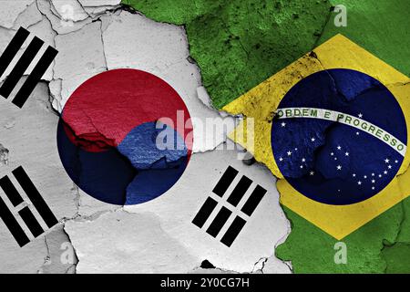 Drapeau de la Corée du Sud et du Brésil peint sur un mur fissuré Banque D'Images