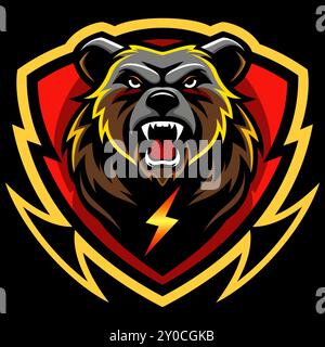 Un logo d'ours grizzly et une icône de tonnerre sur un bouclier, un badge, une mascotte. utilisez pour la décoration un logo d'équipe de basket-ball, une équipe de football ou une équipe sportive. Illustration de Vecteur