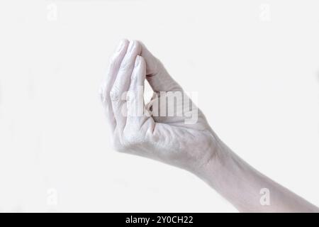 Les gestes, positions et expressions avec les mains et les doigts aussi peint en blanc avec fond blanc Banque D'Images