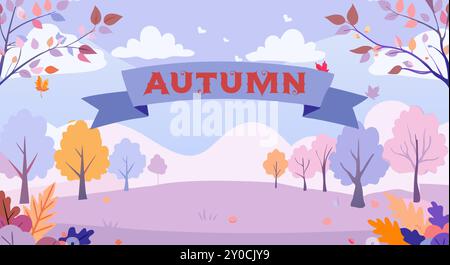 Une illustration vectorielle vibrante représentant un paysage sur le thème de l'automne avec des arbres, des collines et une grande BANNIÈRE D'AUTOMNE au centre. L'image utilise des couleurs chaudes et des éléments ludiques, parfaits pour les promotions saisonnières ou les designs festifs... Illustration de Vecteur