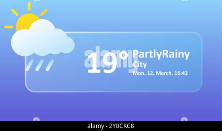 Partiellement pluvieux 19 degrés Celsius prévision météo, date, ville. Nuageux, foudre, orage, averse, couvert, vitesse du vent, air, précipitations, tem Illustration de Vecteur