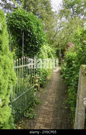 Un étroit chemin pavé menant à travers une porte dans un jardin luxuriant planté, Aalten, Gueldre, pays-Bas Banque D'Images