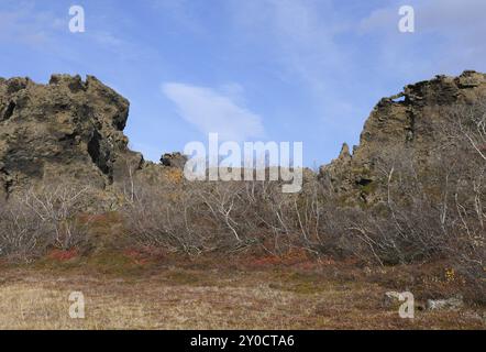 Formation de tuf dans le champ de lave de Dimmuborgir au lac Myvatn en Islande Banque D'Images