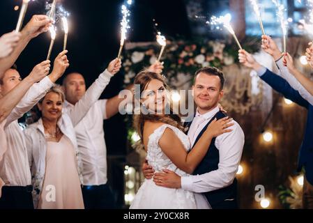 feu froid des bougies de gâteau et des feux d'artifice dans les mains des gens autour des jeunes mariés Banque D'Images