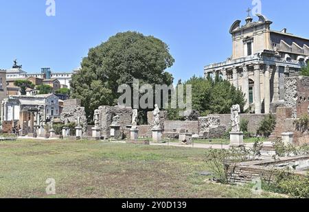 Maison des Vestales Vierges avec vue sur les temples d'Antonio et Faustina Banque D'Images