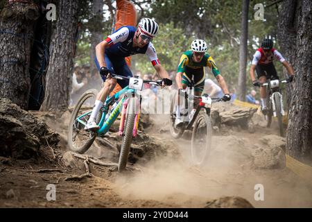 De gauche à droite les motards Victor Koretzky (France), Alan Hatherly (Afrique du Sud) et Filippo Colombo (Suisse) en action lors de l'UCI World Mountain Bike Banque D'Images