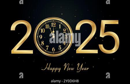 Vecteur luxueux de bonne année 2025 avec horloge dorée et élégant fond noir. Convient pour carte de voeux, bannière, affiche, modèle etc Illustration de Vecteur
