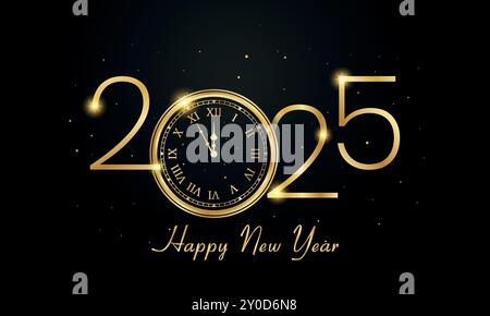 2025 conception de fond de vecteur de bonne année avec horloge dorée et lumières étincelantes. Convient pour carte de voeux, bannière, affiche, modèle etc Illustration de Vecteur
