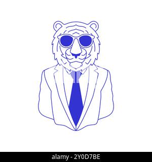Y2K homme d'affaires tigre de mode dans des lunettes de soleil comique stylo encre ligne pop art icône vecteur plat illustration. Animal puissant félin sauvage psychédélique surréaliste Illustration de Vecteur