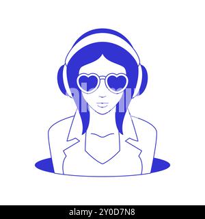 Y2K neo gothique emo teen girl casques esport cyber comique bleu ligne d'esquisse icône vecteur plat illustration. La technologie du cyberespace féminin Hi-Tech se cache Illustration de Vecteur