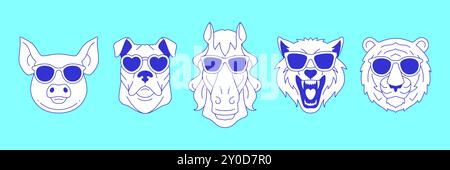 Y2K portrait d'animal comique dans des lunettes de soleil contemporain pop art line icône set vecteur plat illustration. Funky Pig cheval loup tigre et tête de chien portant s Illustration de Vecteur