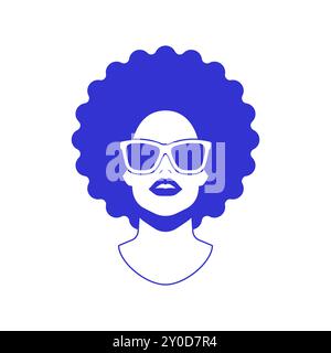 Femme de mode Y2K avec cheveux afro dans des lunettes de soleil portrait comique ligne bleue icône vecteur plat illustration. Tendance africaine coiffure avatar contempo Illustration de Vecteur