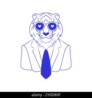 Y2K tigre homme d'affaires dans l'amour lunettes de soleil portrait bleu esquisse ligne icône vecteur plat illustration. Animal félin sauvage prédateur psychédélique en entreprise Illustration de Vecteur