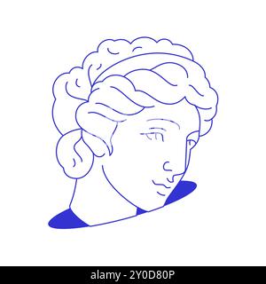 Y2K antique tête de sculpture de déesse grecque dans le trou comique comique ligne pop art contemporain icône vecteur plat illustration. Antique femme monument portrait psyché Illustration de Vecteur