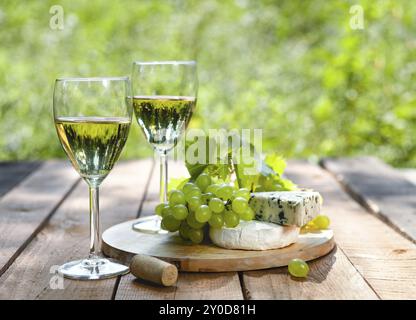 Verres de vin blanc près de délicieux fromage et de raisin vert sur table en bois avec des plantes vertes sur fond flou Banque D'Images