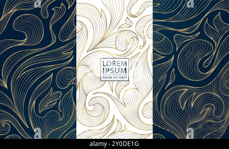 Ensemble vectoriel d'étiquettes d'or tourbillonnant, conception de vin, paquet de boîte cosmétique. Art déco, nouvelles bordures fleuries luxueuses, motif royal Illustration de Vecteur