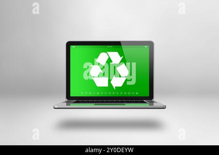 Ordinateur portable avec un symbole de recyclage à l'écran. concept de conservation de l'environnement. 3D illustration isolée sur fond blanc Banque D'Images