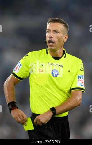 Arbitre Davide Massa lors du match de football Serie A entre le SS Lazio et l'AC Milan au stade Olimpico à Rome (Italie), le 31 août 2024. Banque D'Images