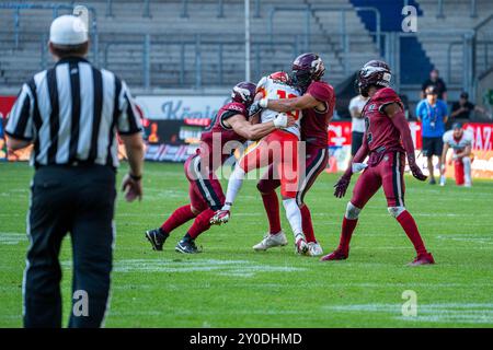 Rhein Fire v. Madrid Bravos, Football américain, Ligue européenne de football (ELF), Wild Card Game, saison 2024, 01.09.2024 Foto : Eibner-Pressefoto/Justin Derondeau Banque D'Images