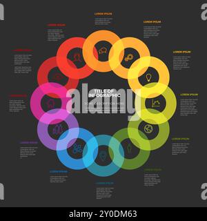 Infographie sombre simple avec douze cercles avec des icônes dans un grand cycle sur fond noir et des éléments de description supplémentaires. Polyvalent année complète i Illustration de Vecteur