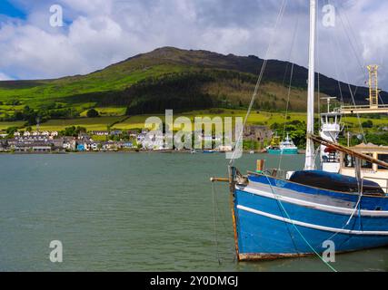 Bateaux de pêche dans le port de Carlingford, comté de Louth, Irlande. Derrière se trouve Slieve Foy et le château du roi John du XIIe siècle Banque D'Images