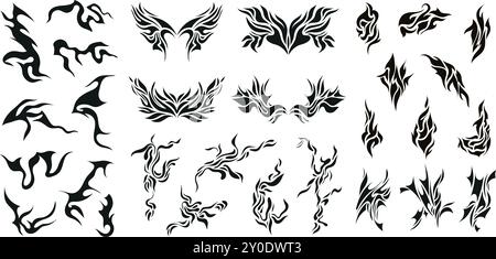 Ensemble vectoriel de y3k, tatouages gothiques, signes, silhouettes d'icônes tribales. Éléments métalliques, graphismes punk, logos wave rock Illustration de Vecteur