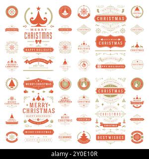 Étiquettes de Noël et badges pour les cartes de voeux et affiches ensemble d'éléments de conception vectoriels. Joyeux Noël et vacances souhaite une décoration typographique rétro Illustration de Vecteur