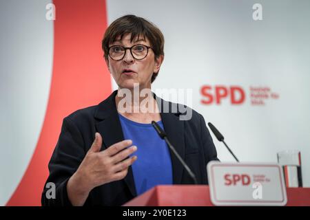 Berlin, Allemagne. 02 septembre 2024. Saskia Esken, présidente du SPD, donne une conférence de presse au siège du parti après les élections d'État en Saxe et Thuringe. Crédit : Kay Nietfeld/dpa/Alamy Live News Banque D'Images