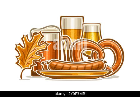 Illustration vectorielle pour Oktoberfest, affiche horizontale avec composition de dessin animé de bretzel oktoberfest, feuille de chêne orange d'automne, bratwurst sur plat Illustration de Vecteur