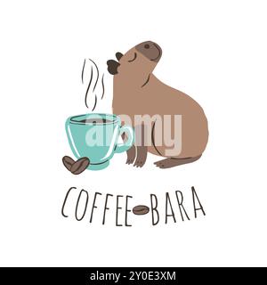 Capybara drôle avec tasse de café cappuccino et illustration de grains de café Illustration de Vecteur