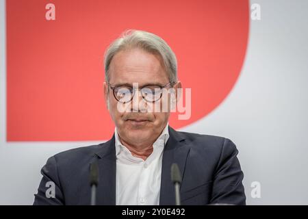 Berlin, Allemagne. 02 septembre 2024. Georg Maier, SPD Thuringe, donne une conférence de presse au siège du parti après les élections de Saxe et Thuringe. Crédit : Kay Nietfeld/dpa/Alamy Live News Banque D'Images