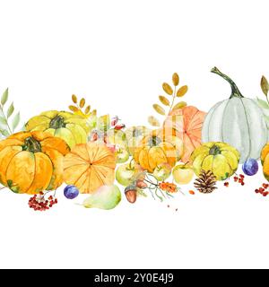 Bordure sans couture avec des citrouilles et des pommes orange et blanches, ensemble d'éléments d'automne. Illustration aquarelle de citrouilles et de pommes de différents varieti Banque D'Images