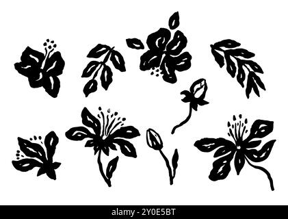 Ensemble d'esquisses abstraites de fleurs de jungle encré isolé sur blanc Illustration de Vecteur
