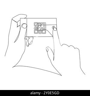 QR code sur l'écran du smartphone, QR Code, ID qr. Main tenant l'écran de smartphone mobile pour payer en ligne, scanner la technologie de code à barres avec le scanner de code qr Illustration de Vecteur
