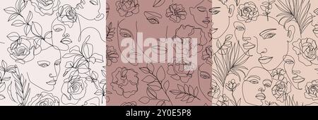 Ensemble vectoriel de motifs de visage de femme de ligne sans couture et de fleurs. Les arrière-plans graphiques de beauté en ligne continue, les feuilles et les portraits s'impriment. Illustration de Vecteur