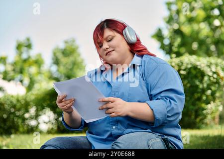 Une femme de grande taille avec les cheveux roux et les écouteurs lit un papier à l'extérieur. Banque D'Images