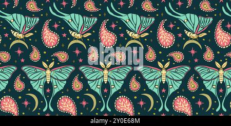 Motif sans couture avec motif céleste luna Moth et Paisley. Fond d'écran boho étoiles et lunes Illustration de Vecteur