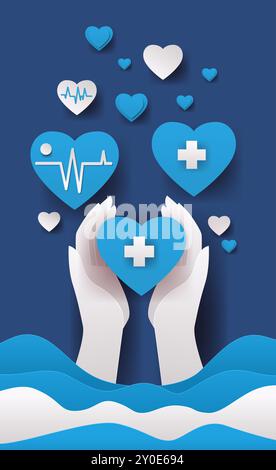 Mains de soins de santé tenant des symboles de coeur concept de soins médicaux. Mains tenant des coeurs bleus avec des symboles médicaux et des lignes ECG flottant sur fond bleu Illustration de Vecteur