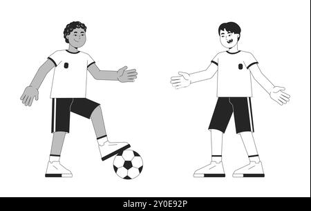 Les enfants de l'équipe de football frappant des personnages de ligne 2D noir et blanc de football Illustration de Vecteur