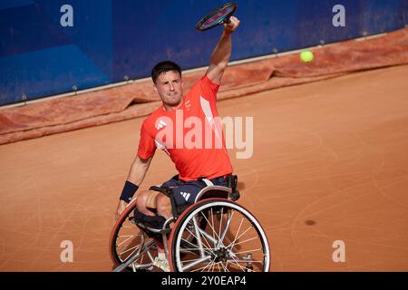 1er septembre 2024, Paris, France. Tennis en fauteuil roulant. Alfie Hewett et Gordon Reid, de Grande-Bretagne, affrontent Alexander CATALDO et Bryan TAPIA, du Chili, dans la deuxième ronde en double masculin sur le court de Roland-Garros 14. Le jour 4 des Jeux Paralympiques de Paris 2024. Crédit Roger Bool / Alamy Live News Banque D'Images