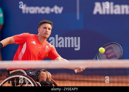 1er septembre 2024, Paris, France. Tennis en fauteuil roulant. Alfie Hewett et Gordon Reid, de Grande-Bretagne, affrontent Alexander CATALDO et Bryan TAPIA, du Chili, dans la deuxième ronde en double masculin sur le court de Roland-Garros 14. Le jour 4 des Jeux Paralympiques de Paris 2024. Crédit Roger Bool / Alamy Live News Banque D'Images